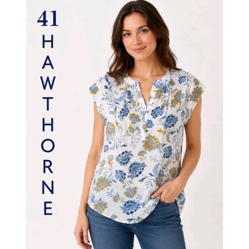 41 HAWTHORNE Women M Floral V-Neck Stretch Cottage Career Casual Crepe Blue Top